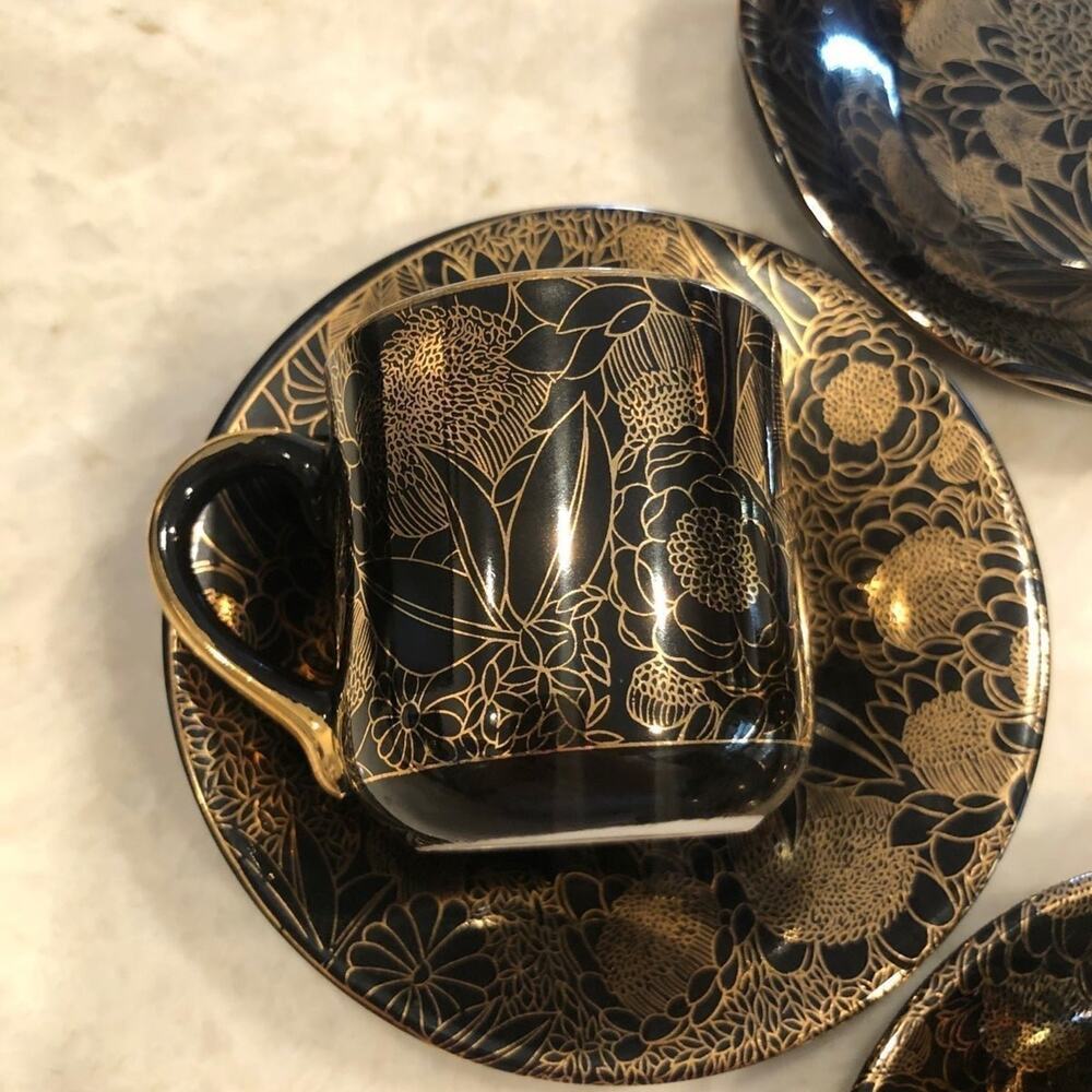 Yamasen 24kt gold on black demitasse set espresso 3 cups 4 saucers
